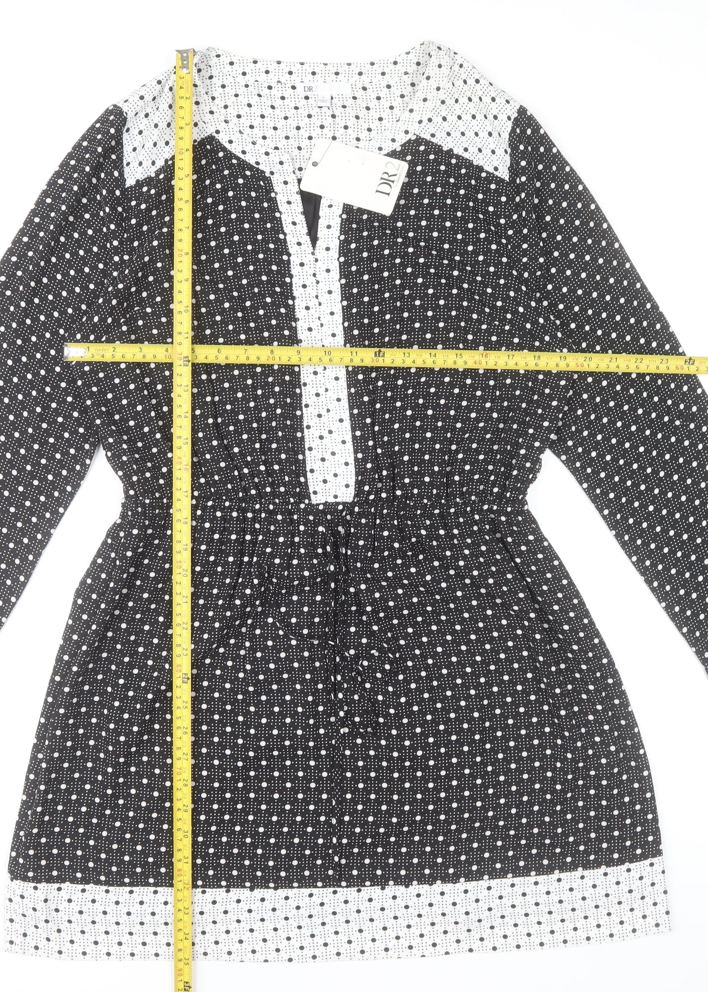 DR2 Women's Black Polka Dot Shift Dress Size L Long Sleeve