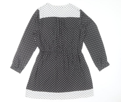 DR2 Women's Black Polka Dot Shift Dress Size L Long Sleeve