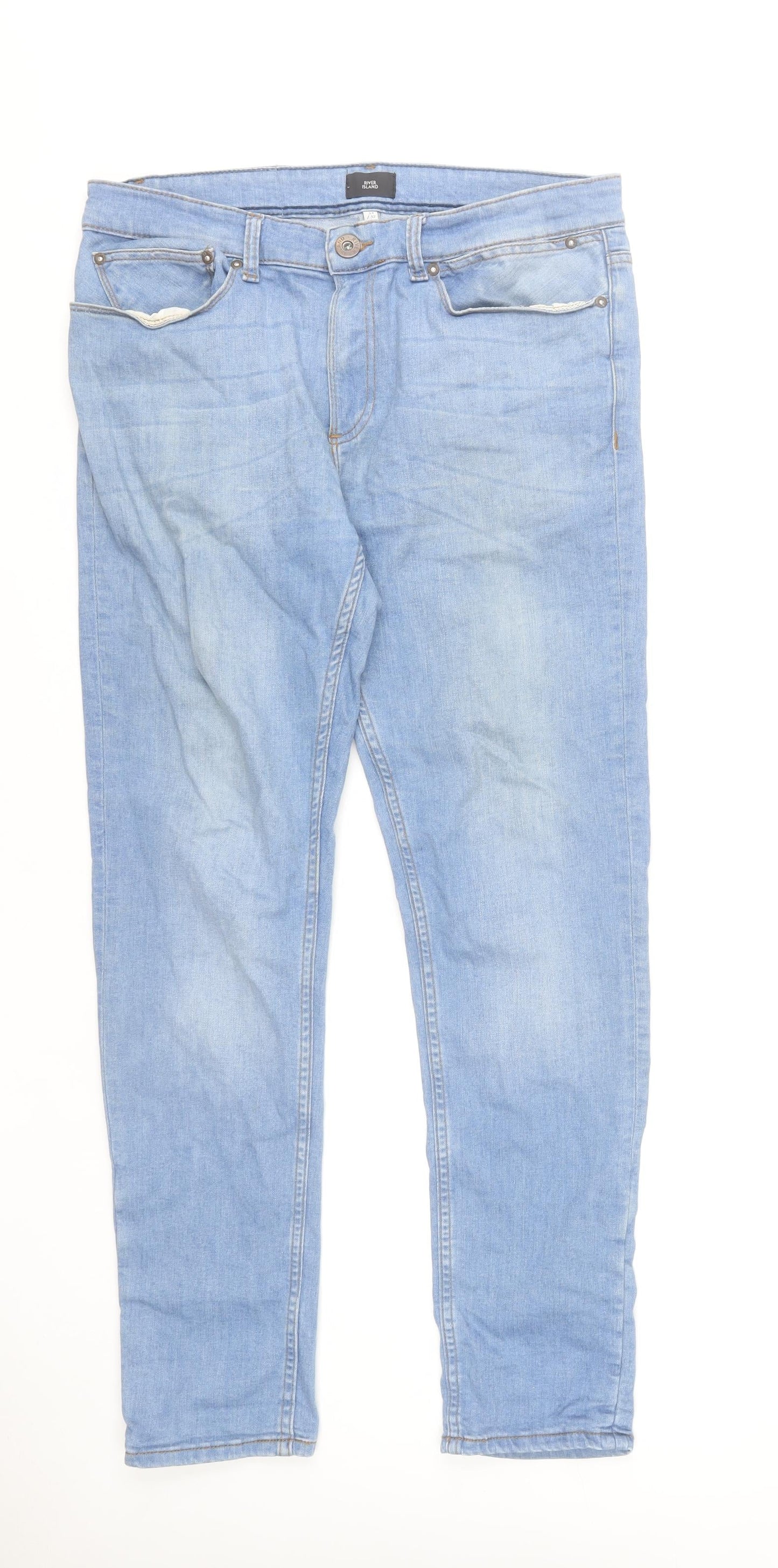 River Island Men's Blue Straight Denim Jeans 34R Cotton Stretch