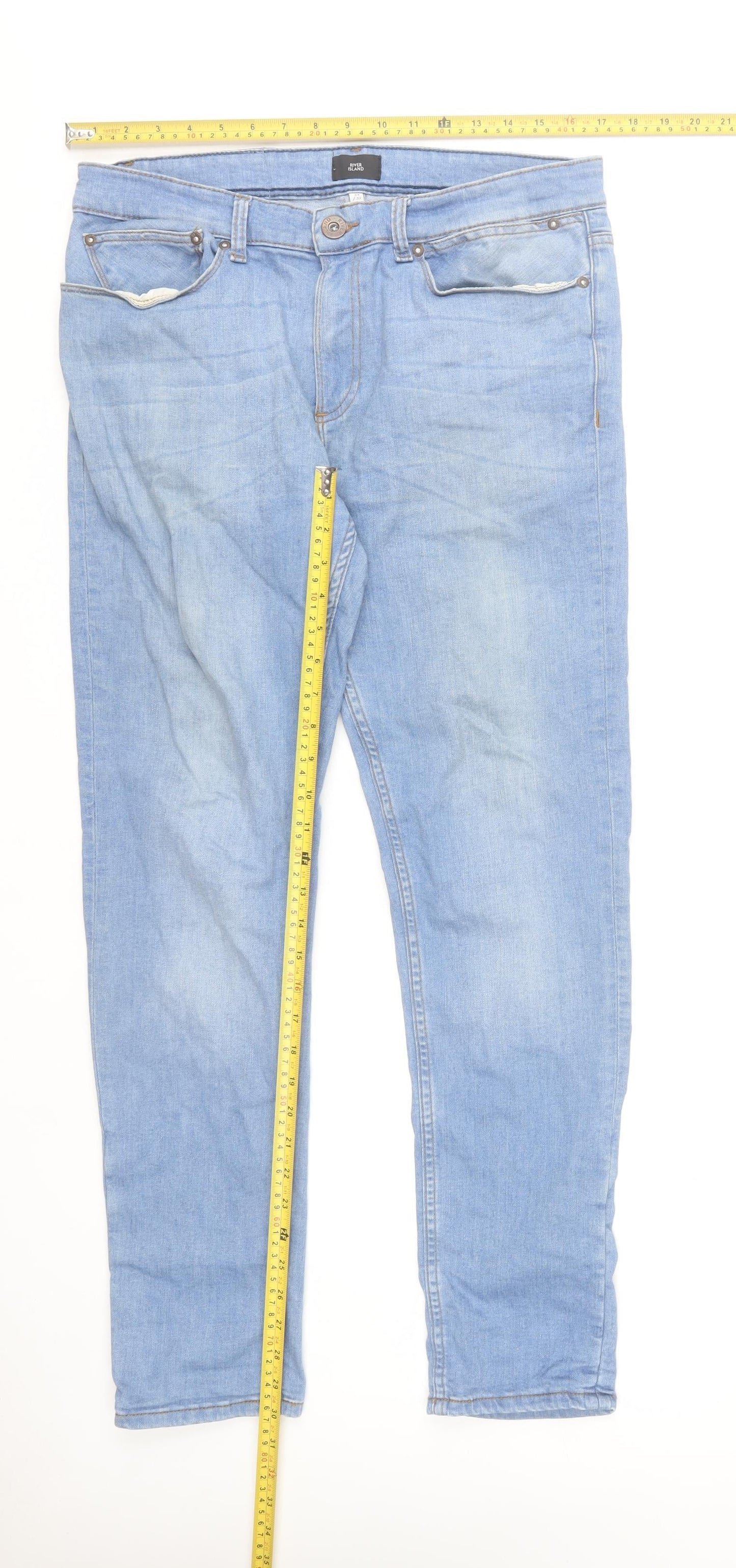 River Island Men's Blue Straight Denim Jeans 34R Cotton Stretch