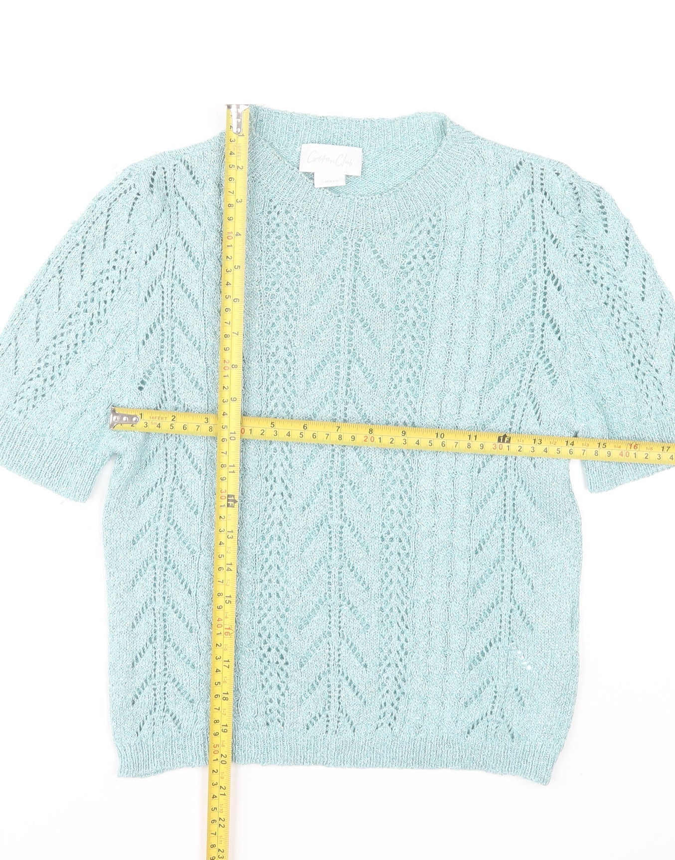 Cotton Club Womens Blue Short Sleeve Knit Jumper Small Lurex