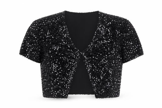 Dunnes Women’s Black Sequin Cropped Blouse Short Sleeve V-Neck S
