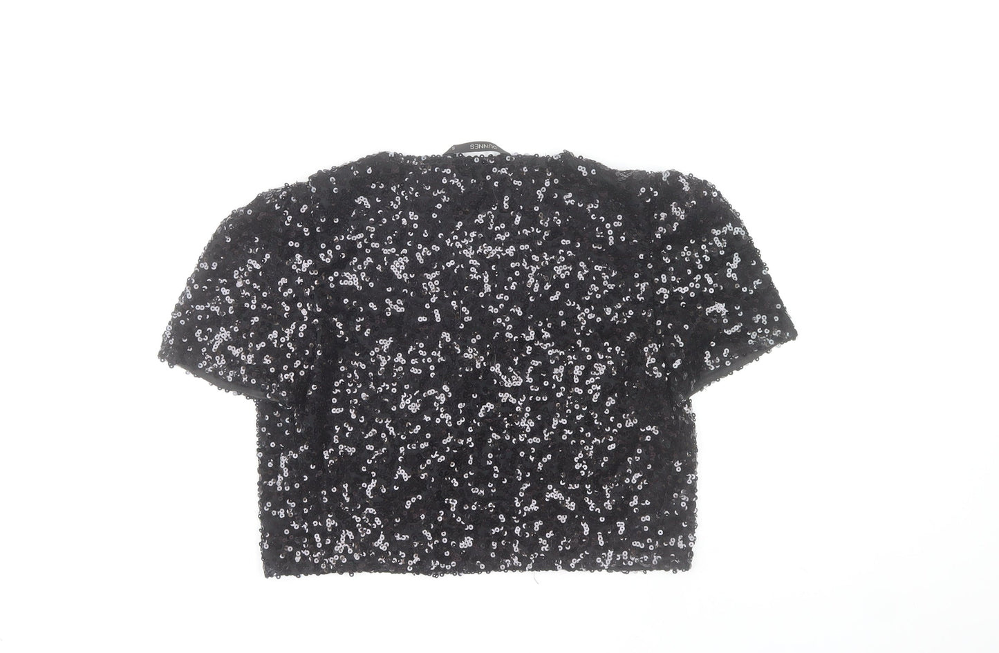 Dunnes Women’s Black Sequin Cropped Blouse Short Sleeve V-Neck S