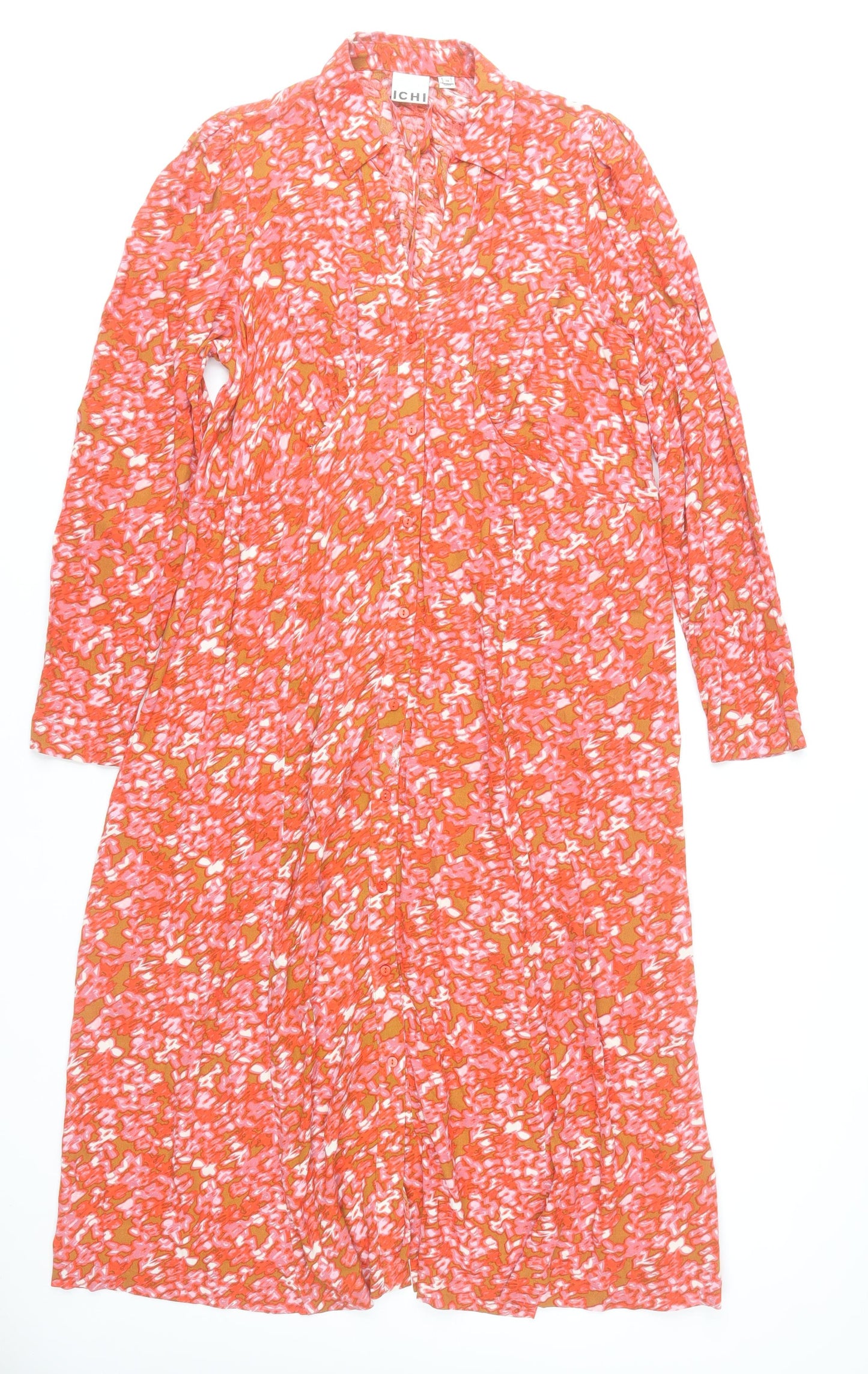 ICHI Womens Orange Floral Shirt Dress Size 10 Midi Viscose
