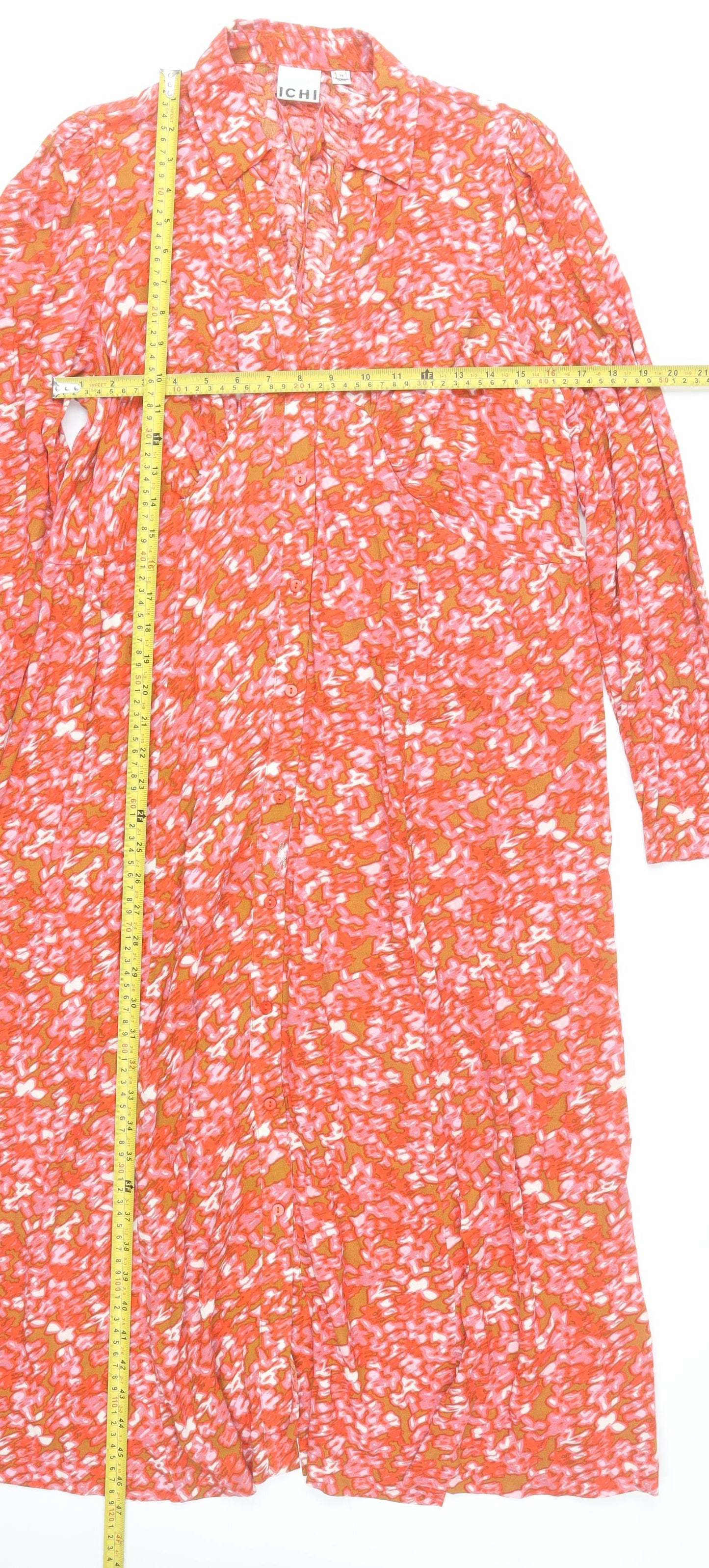 ICHI Womens Orange Floral Shirt Dress Size 10 Midi Viscose