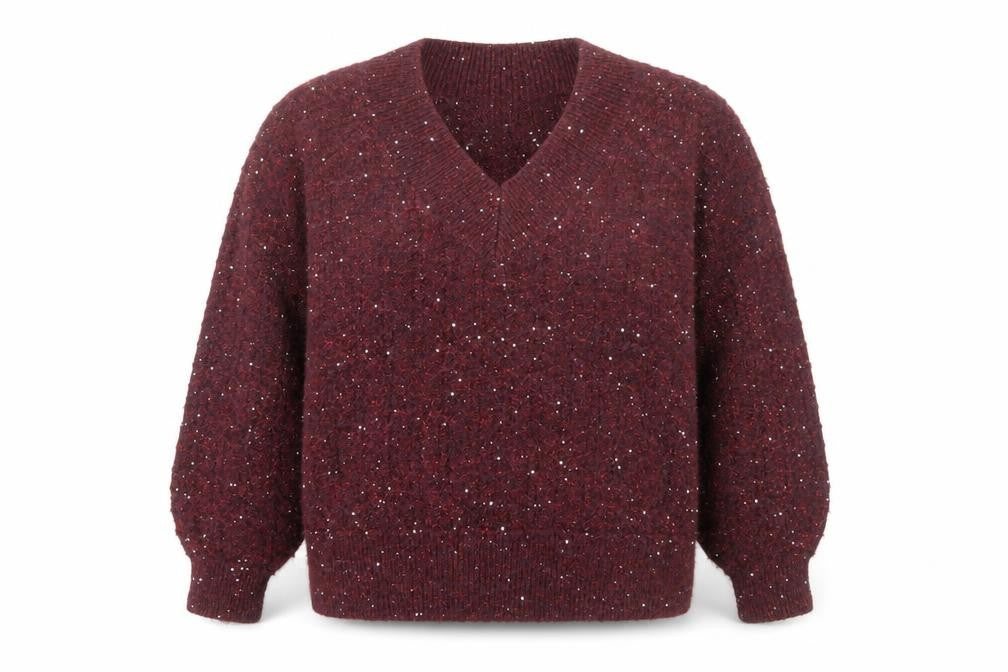 Front view of Gallery women’s plum sequin v-neck knit jumper, size L