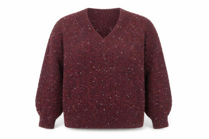 Front view of Gallery women’s plum sequin v-neck knit jumper, size L