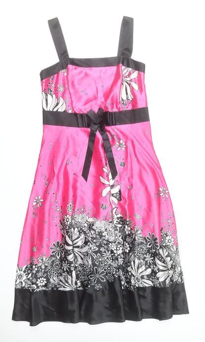 Libra Womens Pink Floral Satin A-Line Dress Size 12 Sleeveless