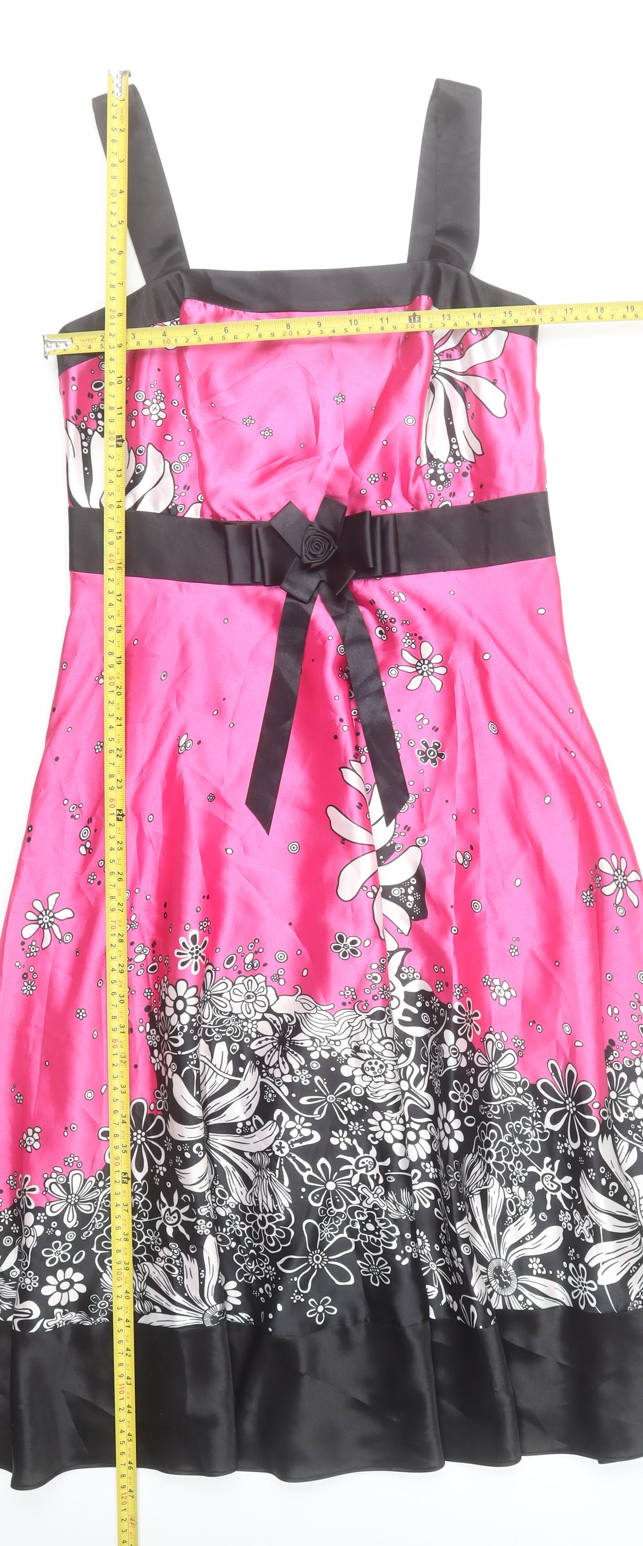 Libra Womens Pink Floral Satin A-Line Dress Size 12 Sleeveless