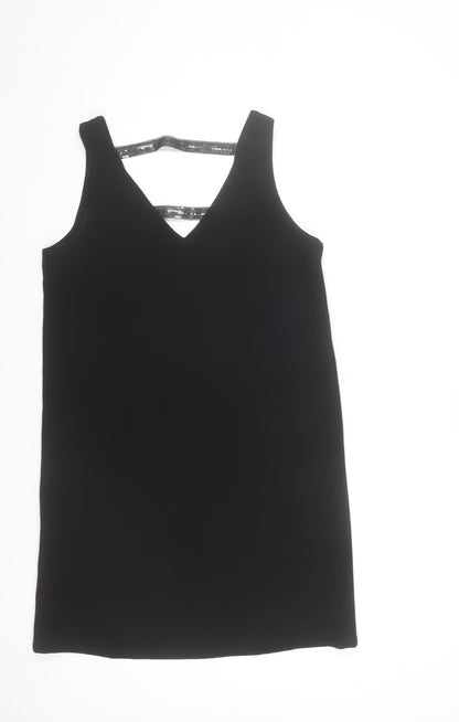 Mango Women Black Sequin Strap Shift Dress Size 8 Sleeveless V-Neck