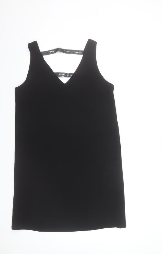 Mango Women Black Sequin Strap Shift Dress Size 8 Sleeveless V-Neck