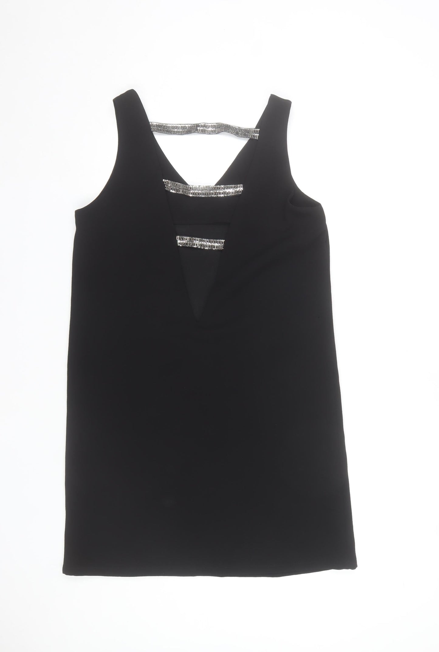 Mango Women Black Sequin Strap Shift Dress Size 8 Sleeveless V-Neck