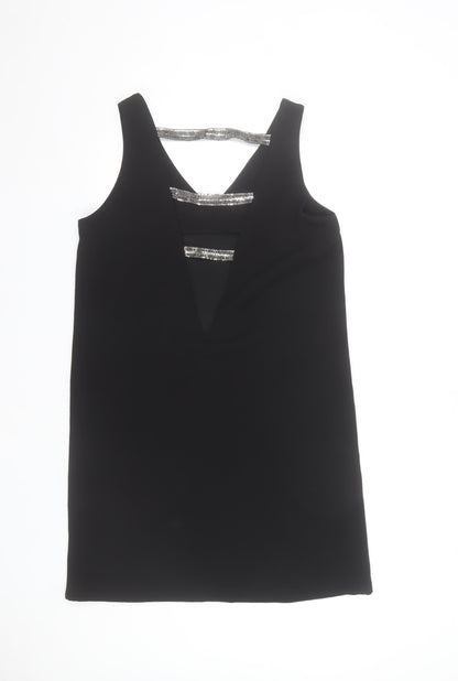 Mango Women Black Sequin Strap Shift Dress Size 8 Sleeveless V-Neck