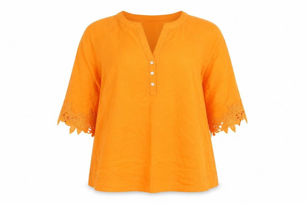 Front view of Dunnes Orange Linen Cotton 3/4 Sleeve Women's Tunic Blouse M