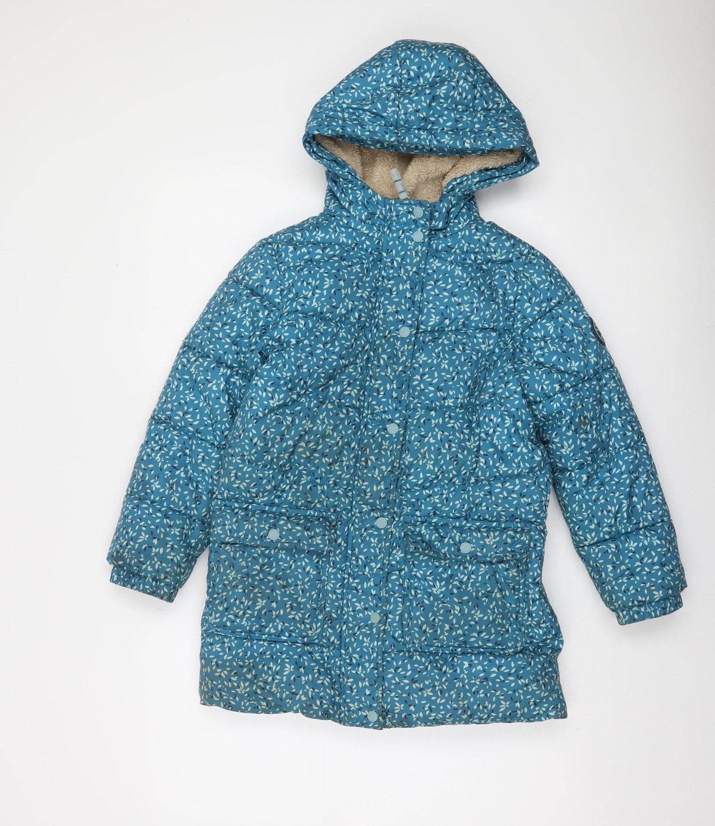 FatFace Girls Blue Floral Hooded Puffer Coat 8-9 Years Winter Lined Jacket