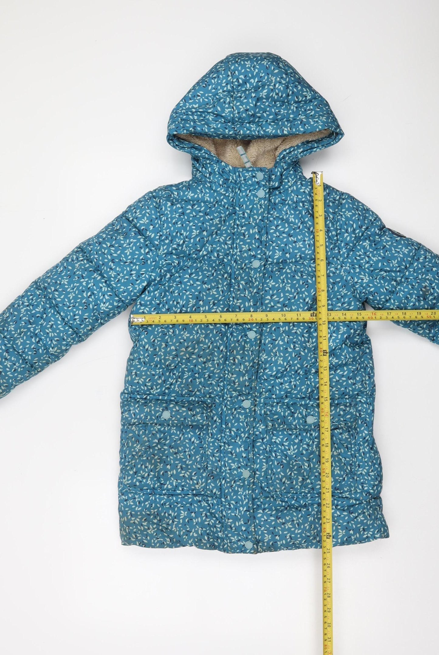 FatFace Girls Blue Floral Hooded Puffer Coat 8-9 Years Winter Lined Jacket