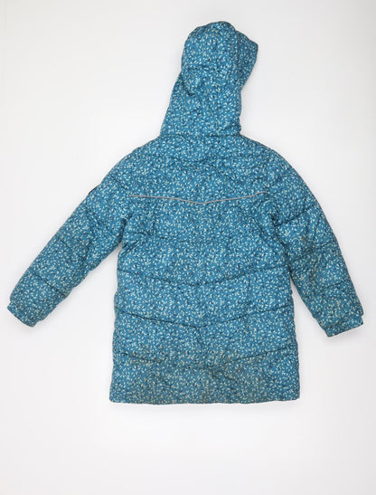 FatFace Girls Blue Floral Hooded Puffer Coat 8-9 Years Winter Lined Jacket