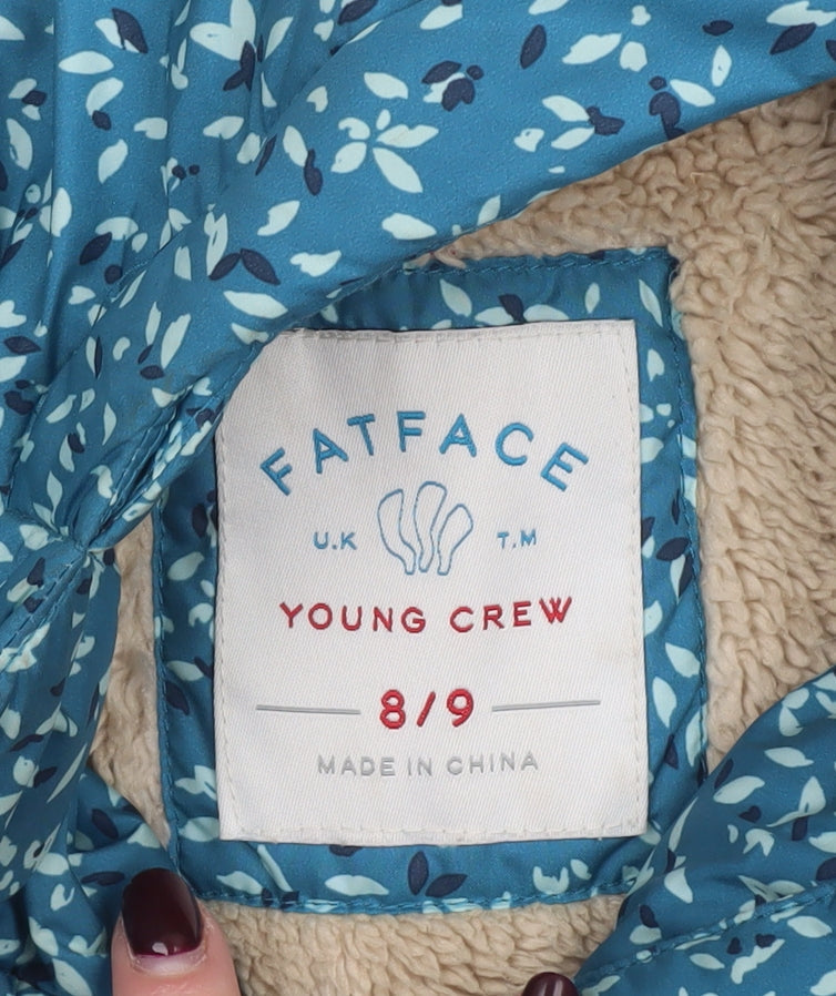 FatFace Girls Blue Floral Hooded Puffer Coat 8-9 Years Winter Lined Jacket