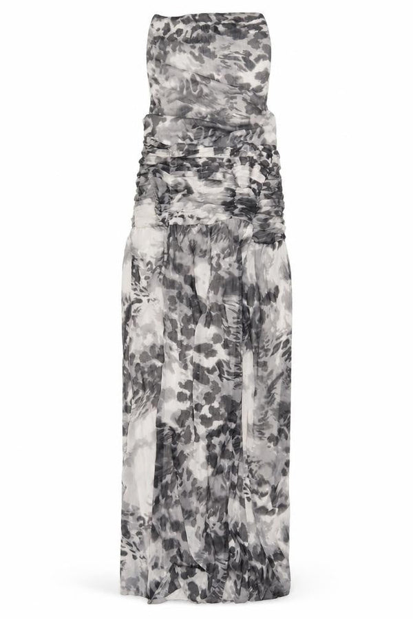 Boohoo Women Grey Animal Print Strapless Maxi Dress Size 14