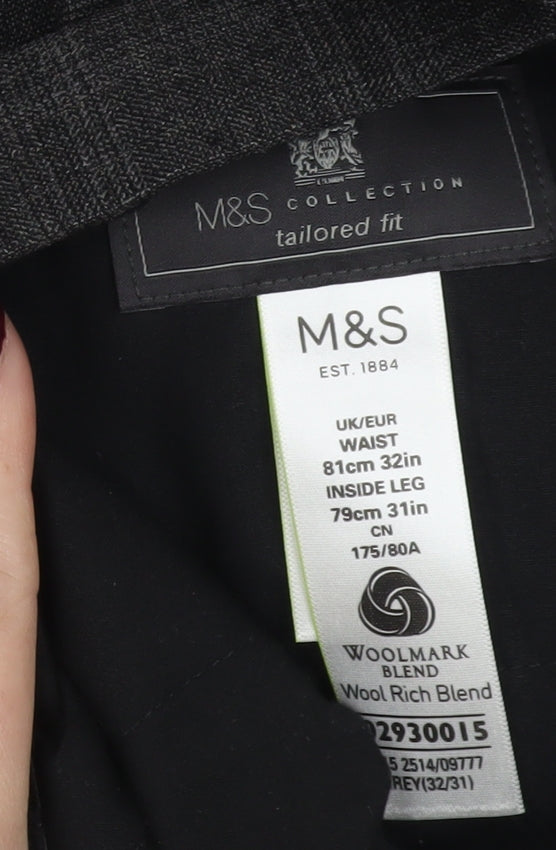 Marks and Spencer Men's Grey Check Wool Blend Dress Trousers 32W 31L