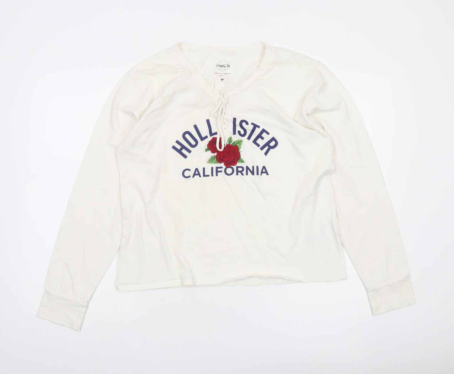 Hollister Women White Long Sleeve V-Neck Graphic Tee M