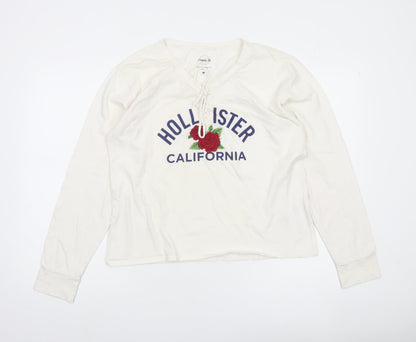 Hollister Women White Long Sleeve V-Neck Graphic Tee M
