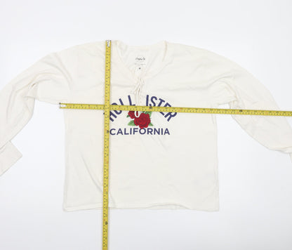 Hollister Women White Long Sleeve V-Neck Graphic Tee M