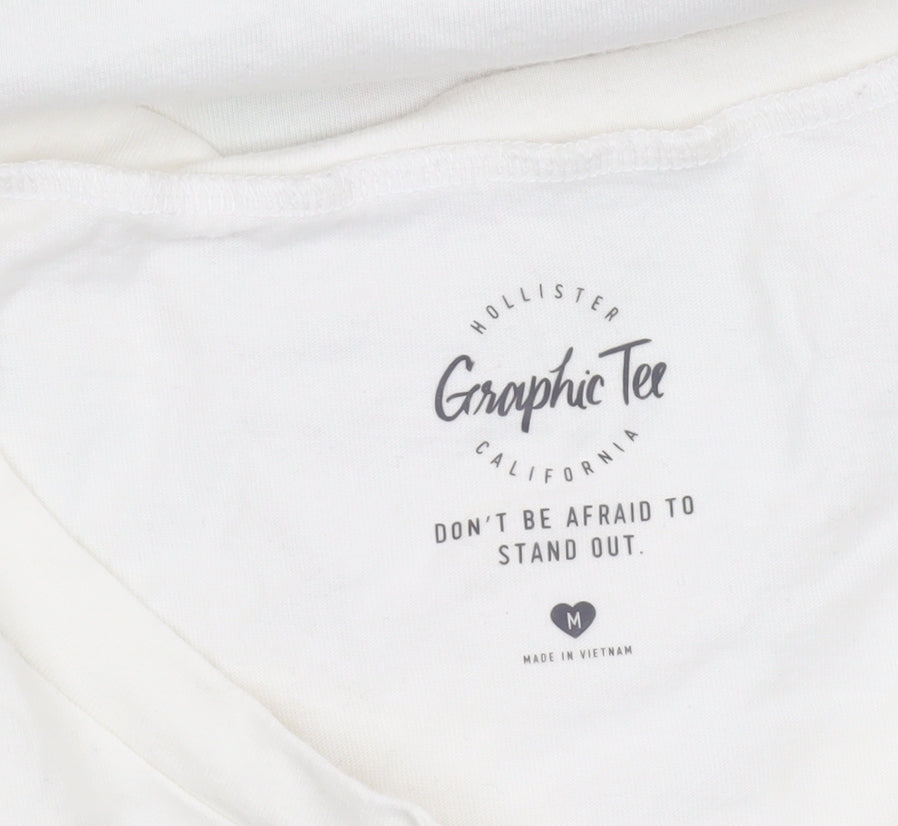 Hollister Women White Long Sleeve V-Neck Graphic Tee M