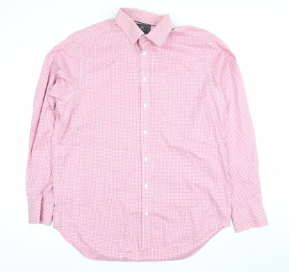 Marks and Spencer Men's Pink Check Long Sleeve Button-Up Shirt Size 16 Classic Fit