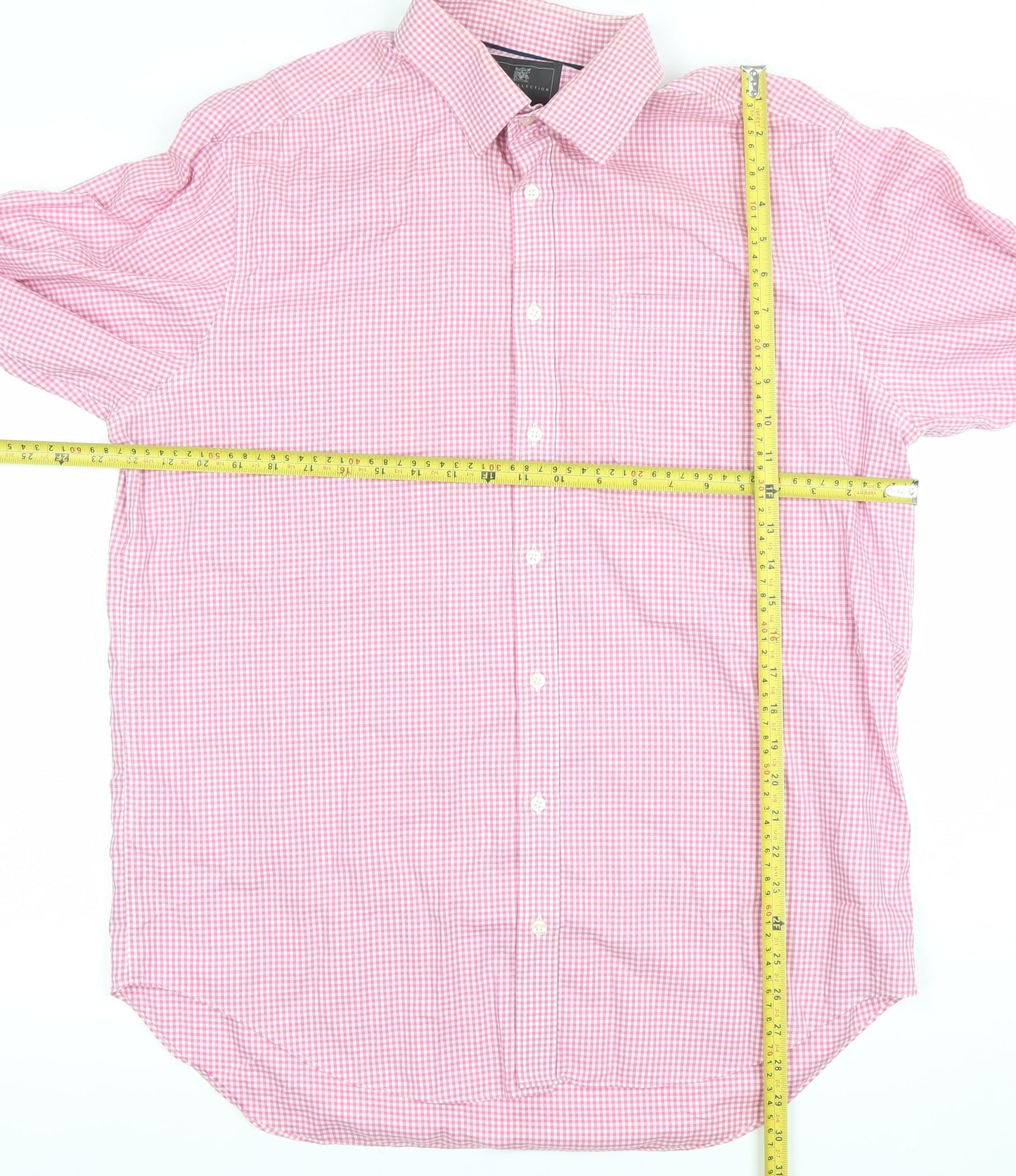 Marks and Spencer Men's Pink Check Long Sleeve Button-Up Shirt Size 16 Classic Fit