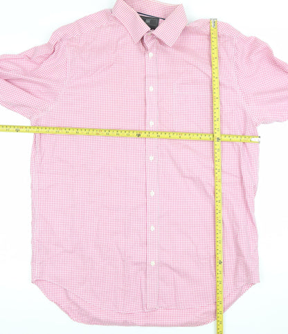 Marks and Spencer Men's Pink Check Long Sleeve Button-Up Shirt Size 16 Classic Fit