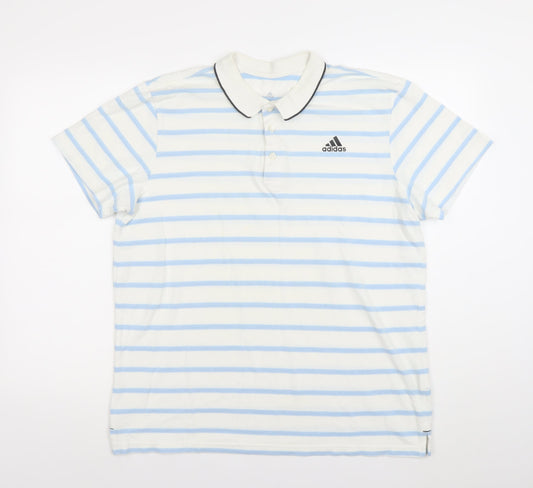 Adidas Men's White Blue Striped Polo Shirt Size L Breathable Jersey