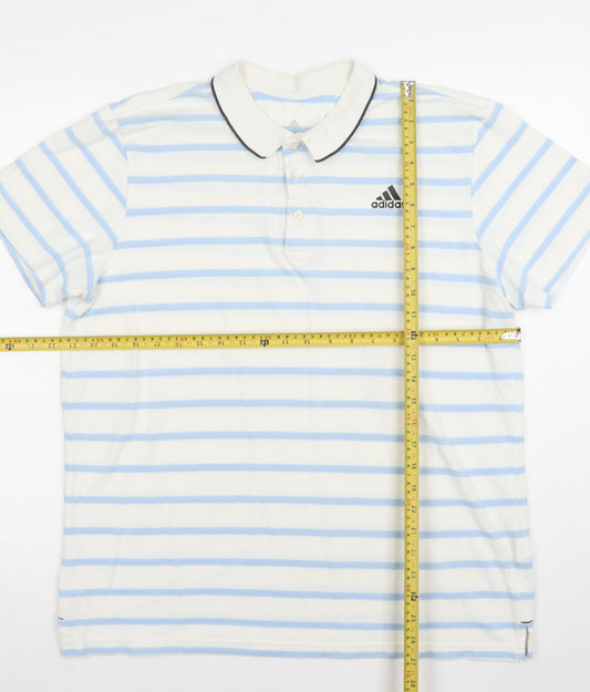 Adidas Men's White Blue Striped Polo Shirt Size L Breathable Jersey