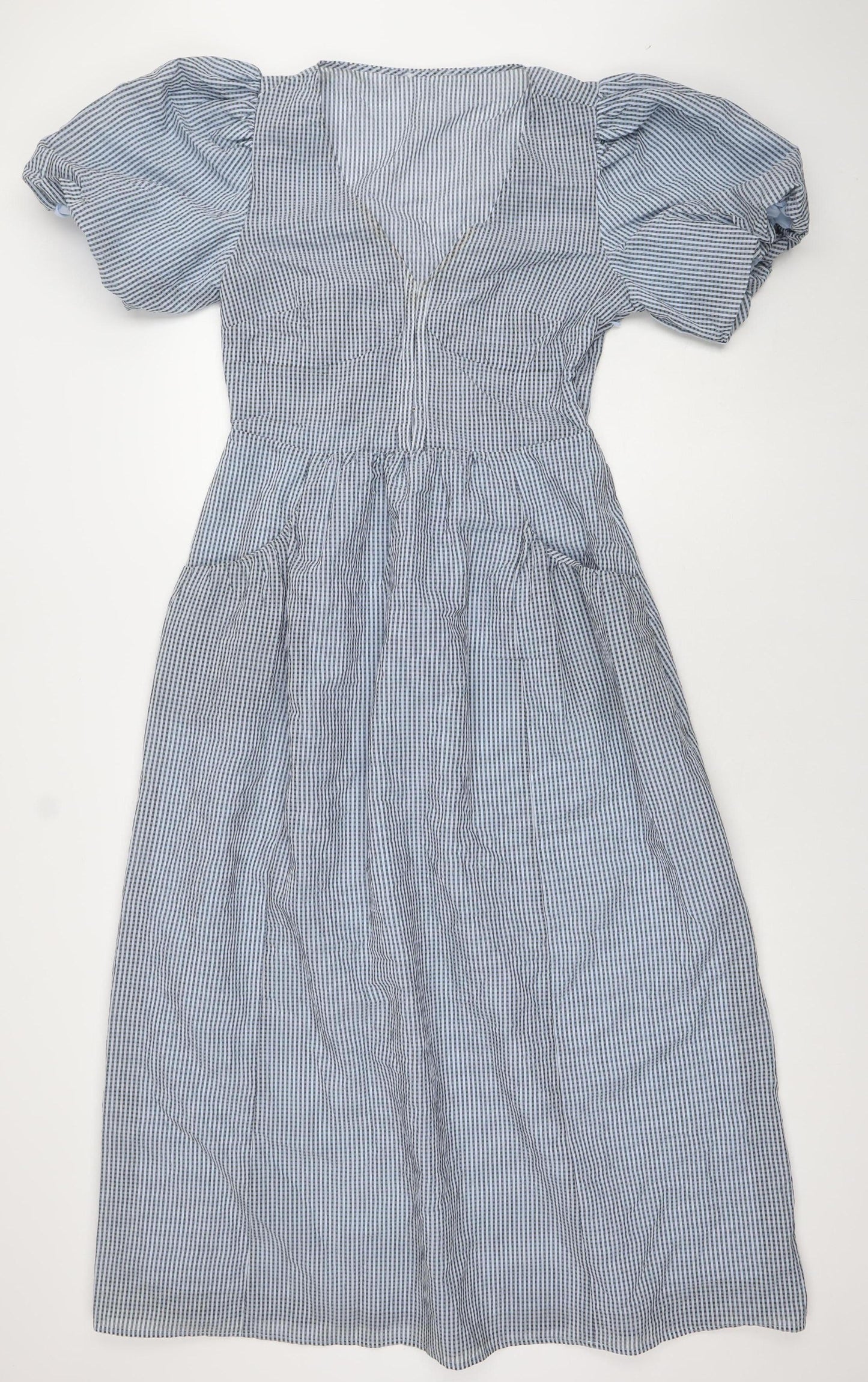 Saviola Women Blue Check A-Line Puff Sleeve Ruched Cotton Dress Size 10