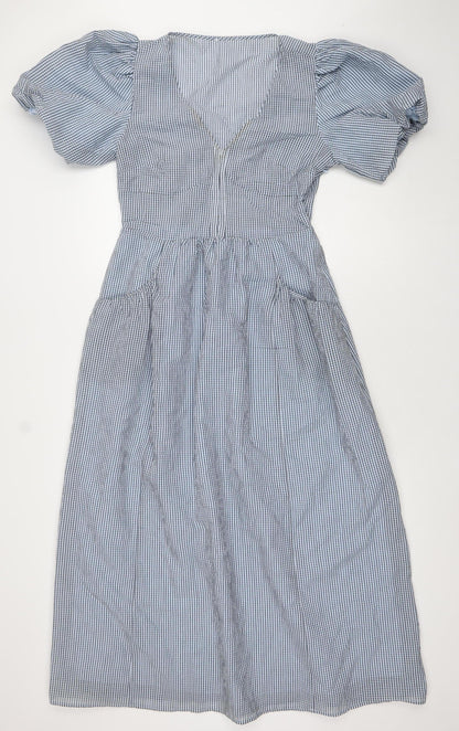 Saviola Women Blue Check A-Line Puff Sleeve Ruched Cotton Dress Size 10