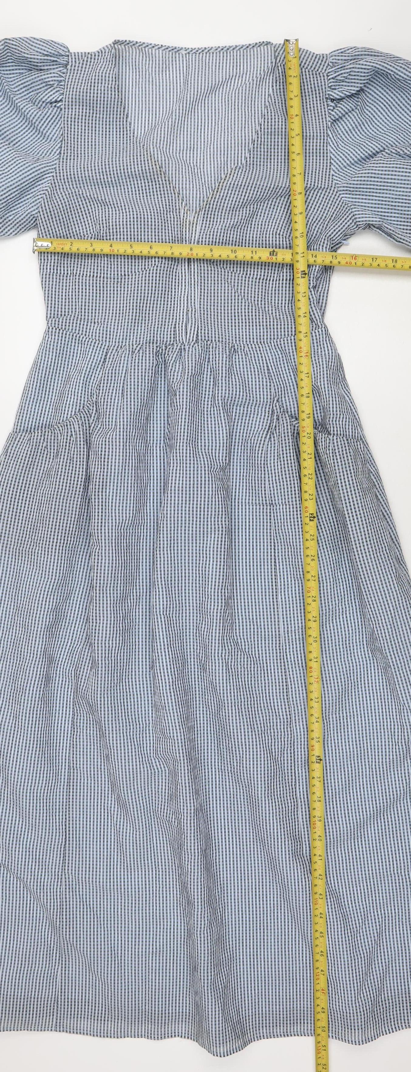 Saviola Women Blue Check A-Line Puff Sleeve Ruched Cotton Dress Size 10