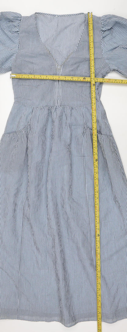 Saviola Women Blue Check A-Line Puff Sleeve Ruched Cotton Dress Size 10