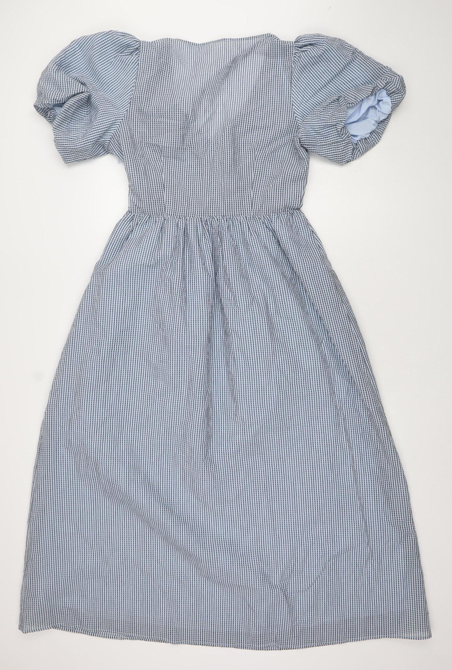 Saviola Women Blue Check A-Line Puff Sleeve Ruched Cotton Dress Size 10