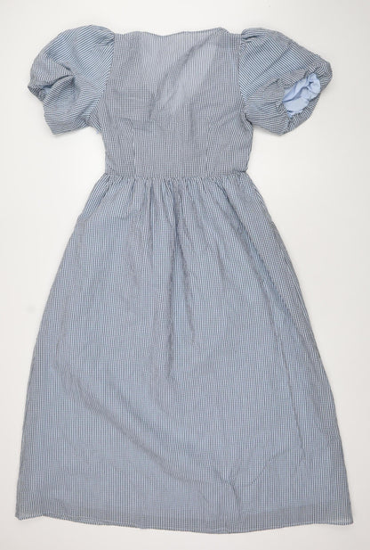 Saviola Women Blue Check A-Line Puff Sleeve Ruched Cotton Dress Size 10