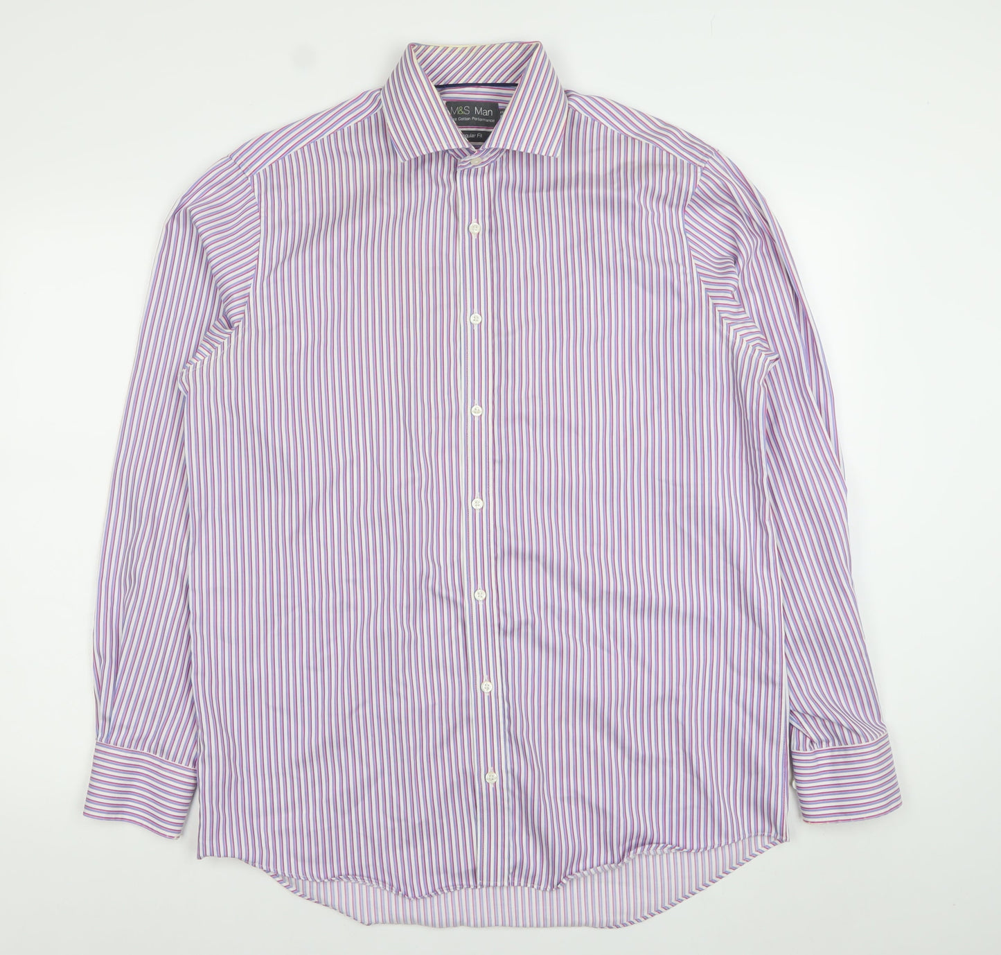 Marks and Spencer Men's Purple Striped Regular Fit Cotton Button-Up Shirt 16 41in