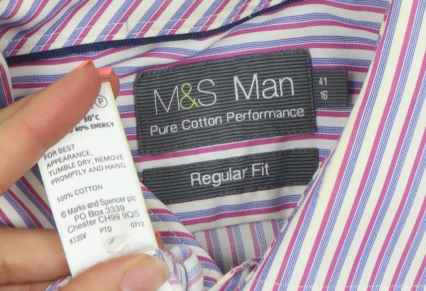 Marks and Spencer Men's Purple Striped Regular Fit Cotton Button-Up Shirt 16 41in