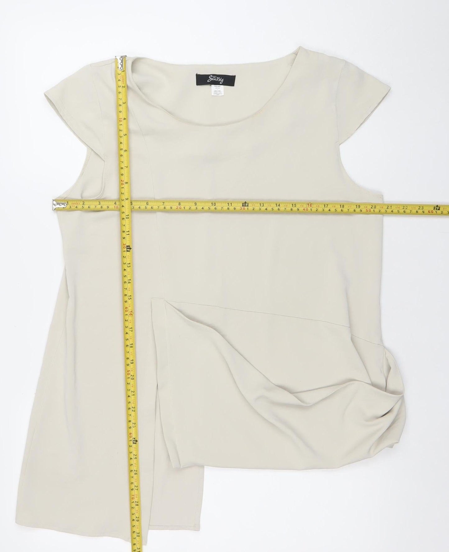 Ever Sassy Womens Beige Tunic Blouse Size L Relaxed Fit Short Sleeve Top