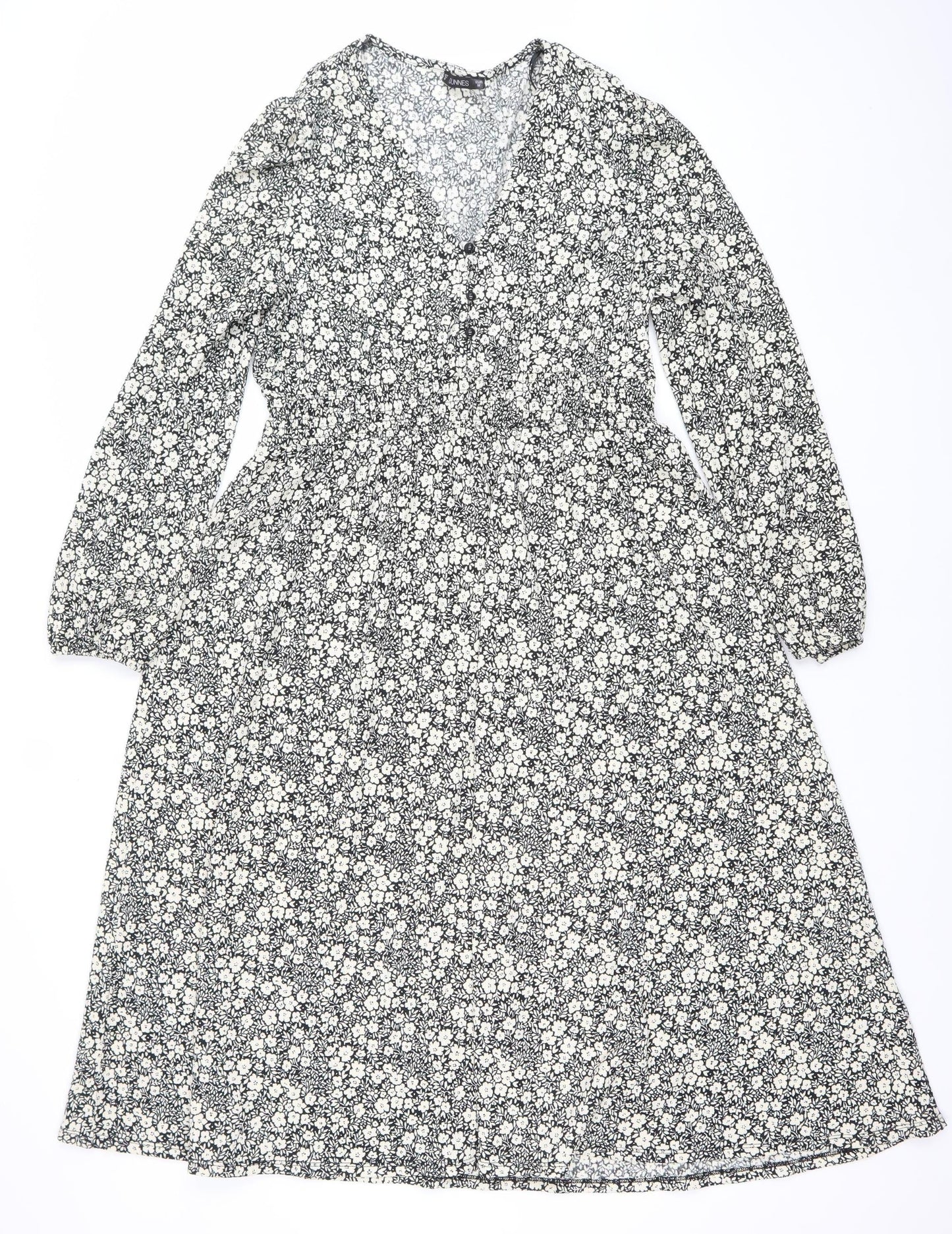 Dunnes Women’s Black Floral Bodycon Dress Size 12 V-Neck Long Sleeve