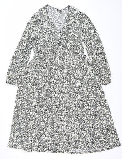 Dunnes Women’s Black Floral Bodycon Dress Size 12 V-Neck Long Sleeve
