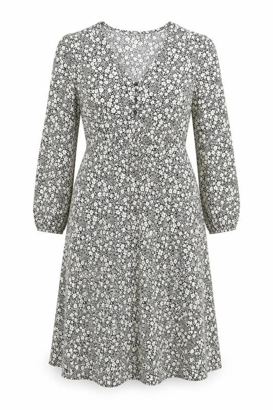 Dunnes Women’s Black Floral Bodycon Dress Size 12 V-Neck Long Sleeve