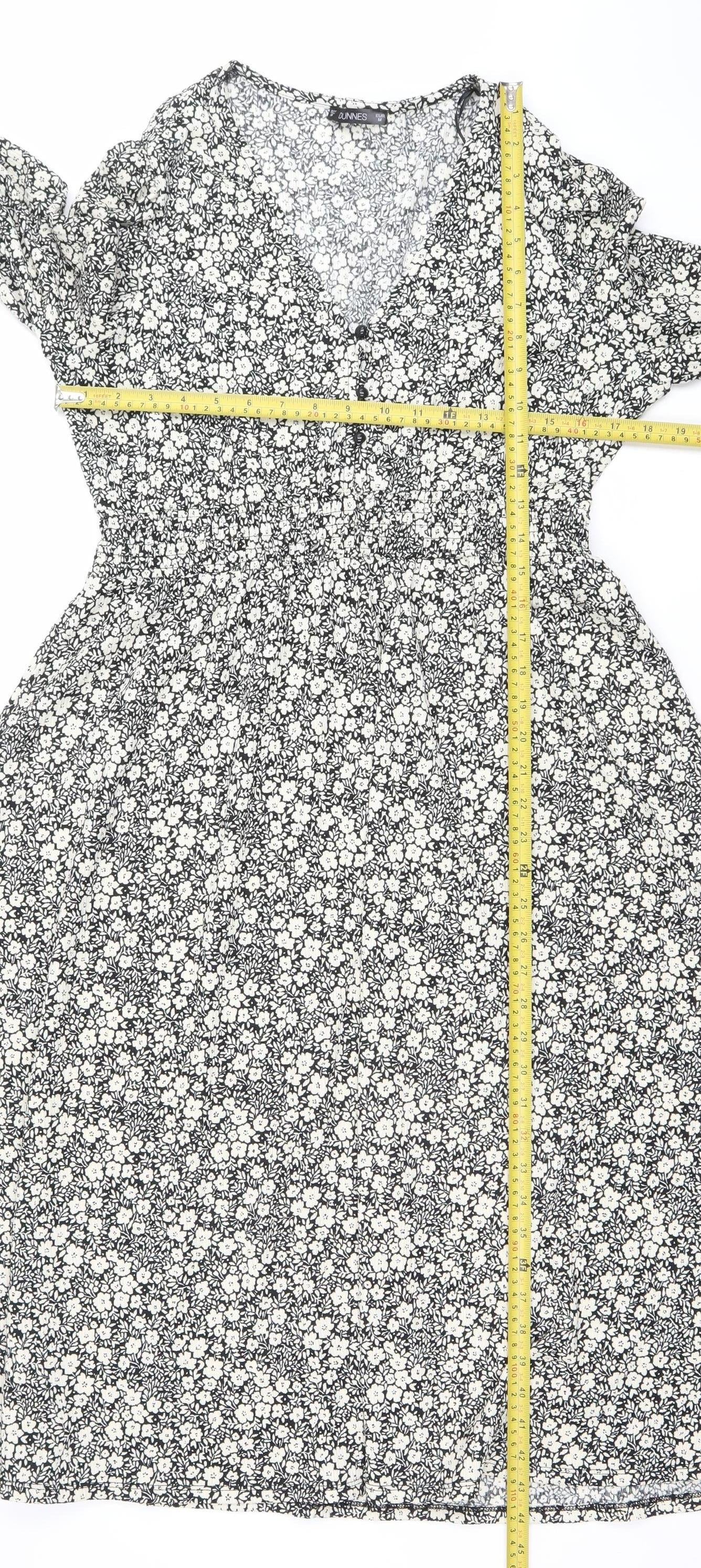 Dunnes Women’s Black Floral Bodycon Dress Size 12 V-Neck Long Sleeve