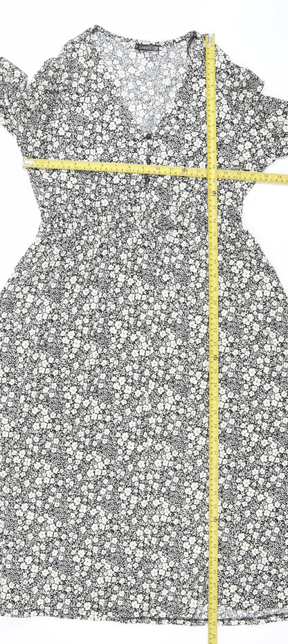 Dunnes Women’s Black Floral Bodycon Dress Size 12 V-Neck Long Sleeve