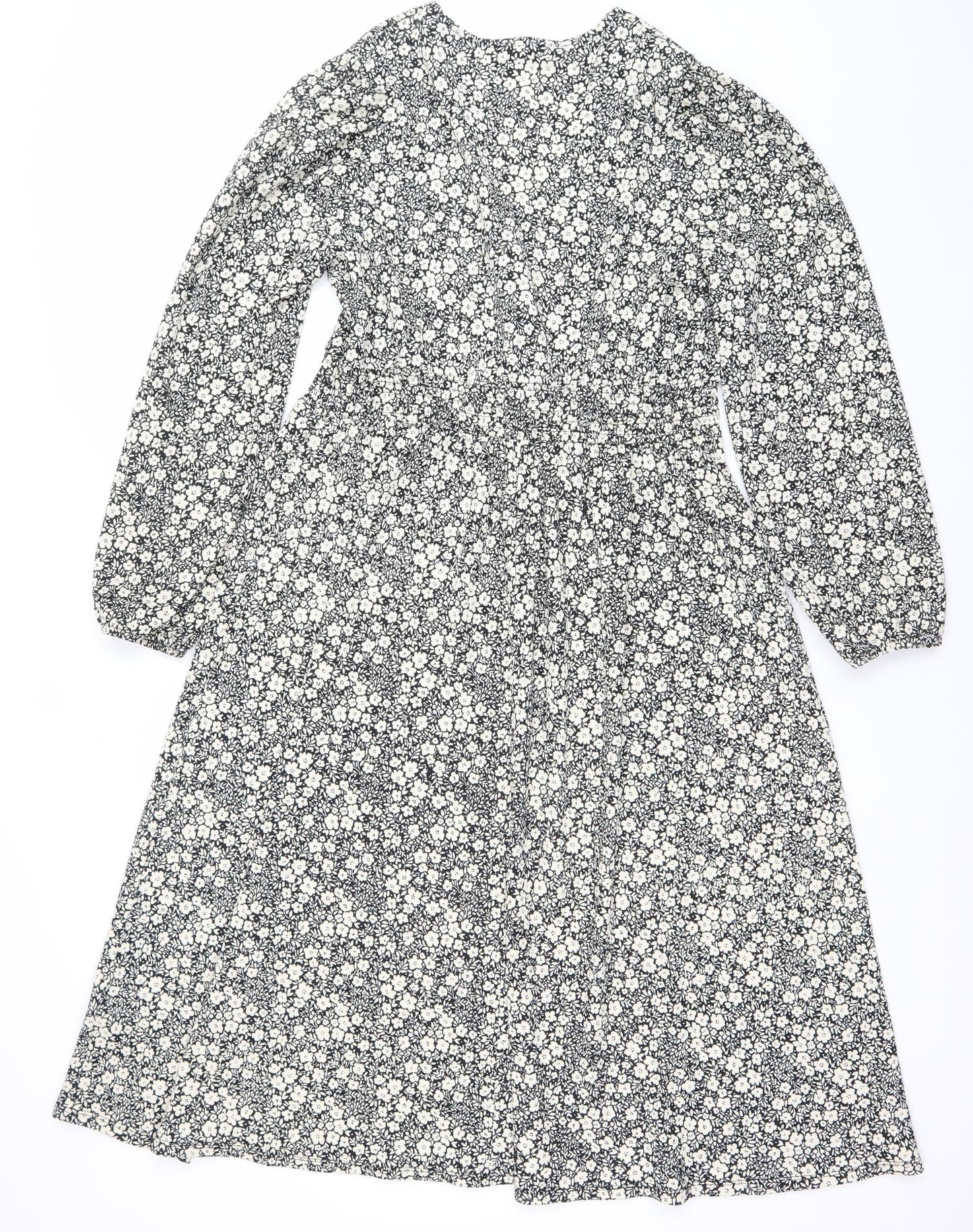 Dunnes Women’s Black Floral Bodycon Dress Size 12 V-Neck Long Sleeve