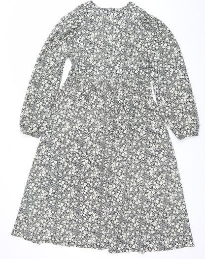 Dunnes Women’s Black Floral Bodycon Dress Size 12 V-Neck Long Sleeve