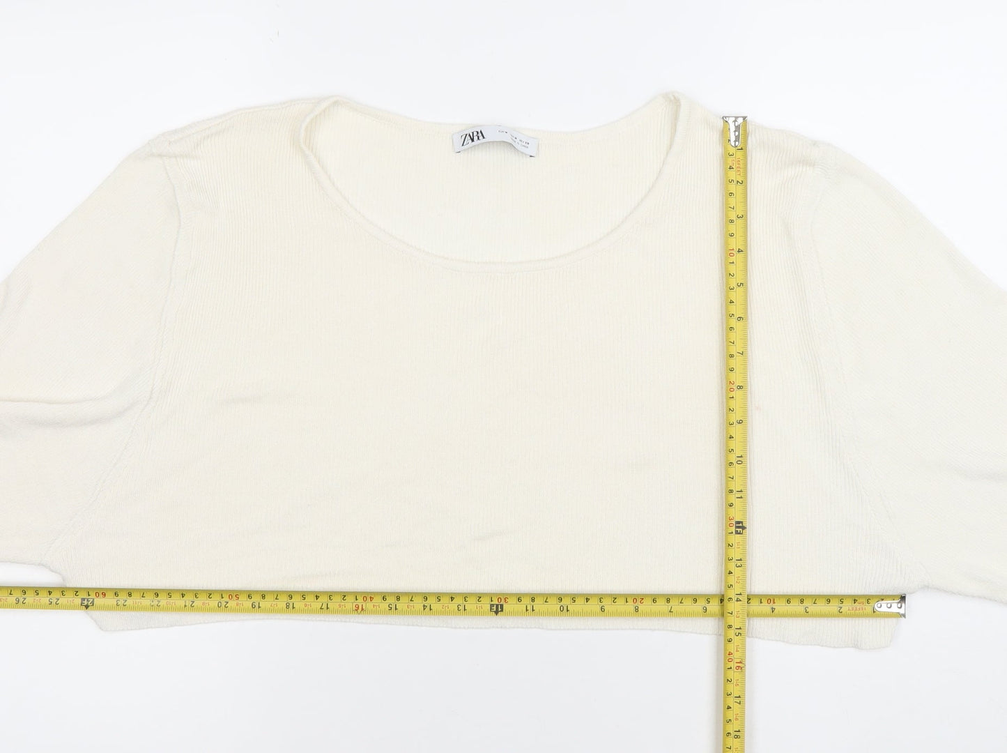 ZARA Women Ivory Cropped 3/4 Sleeve Jersey Top Size 12